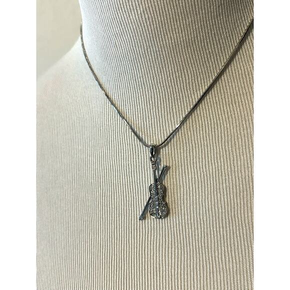Violin and Bow Charm Necklace Silver Color - Picture 1 of 4